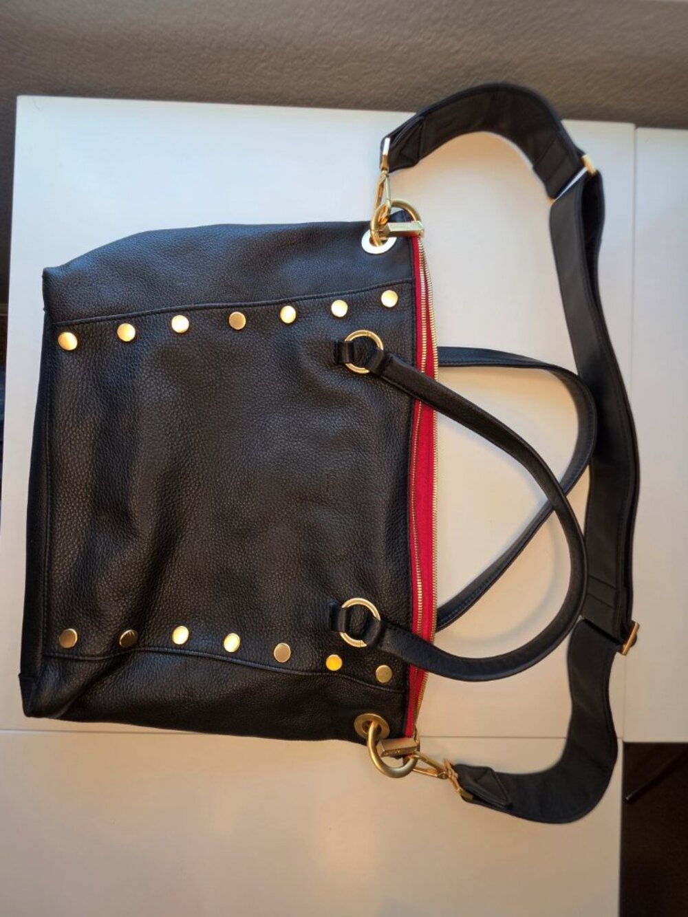 Hammitt Black Leather Shoulder Bag with Gold Hardware and Red Trim